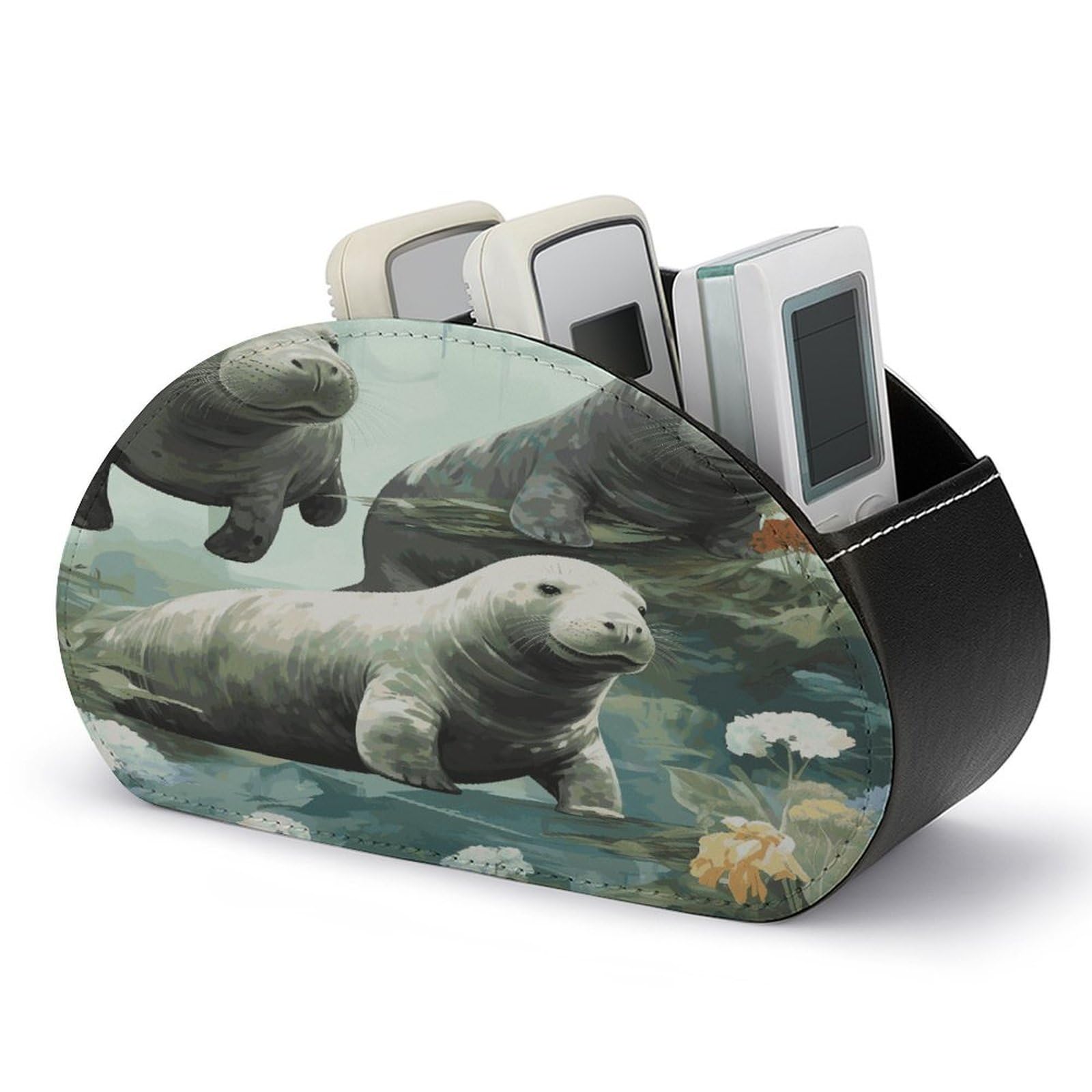 FekiLoot Rabbits Manatees Remote Control Holder with 5 Compartments Multi-functional TV Remote Caddy Organizer Leather TV Remote Holder Desktop Organizer Store for Bedside Table Office Desk