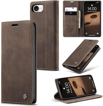 Wallet Case for iPhone 16e, Handmade Durable Retro PU Leather Magnetic Closure Slim Flip Folio Anti-Fall Shockproof Protection Cover with Kickstand and Card Holder for iPhone 16e Brown 1