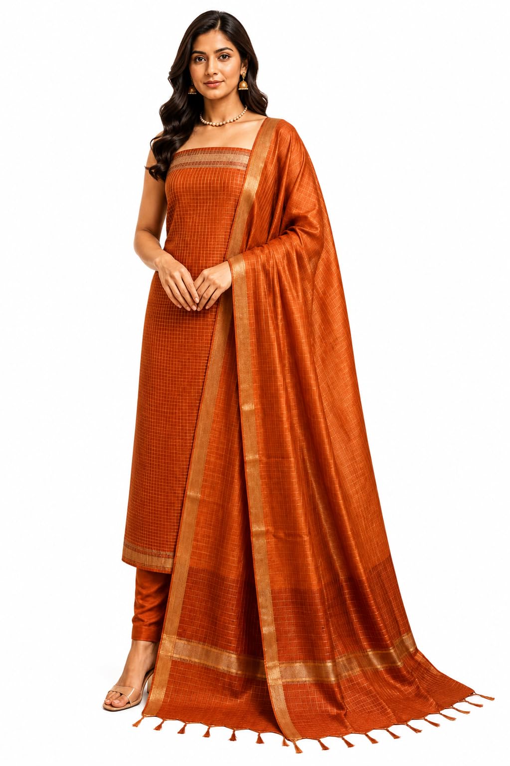 HAIDER ALI Handloom Semi Tussar Silk Checked Design Unstitched Suit Set for Women with Dupatta | Salwar Suit Dress Material for Women & Girls_Orange-image-41