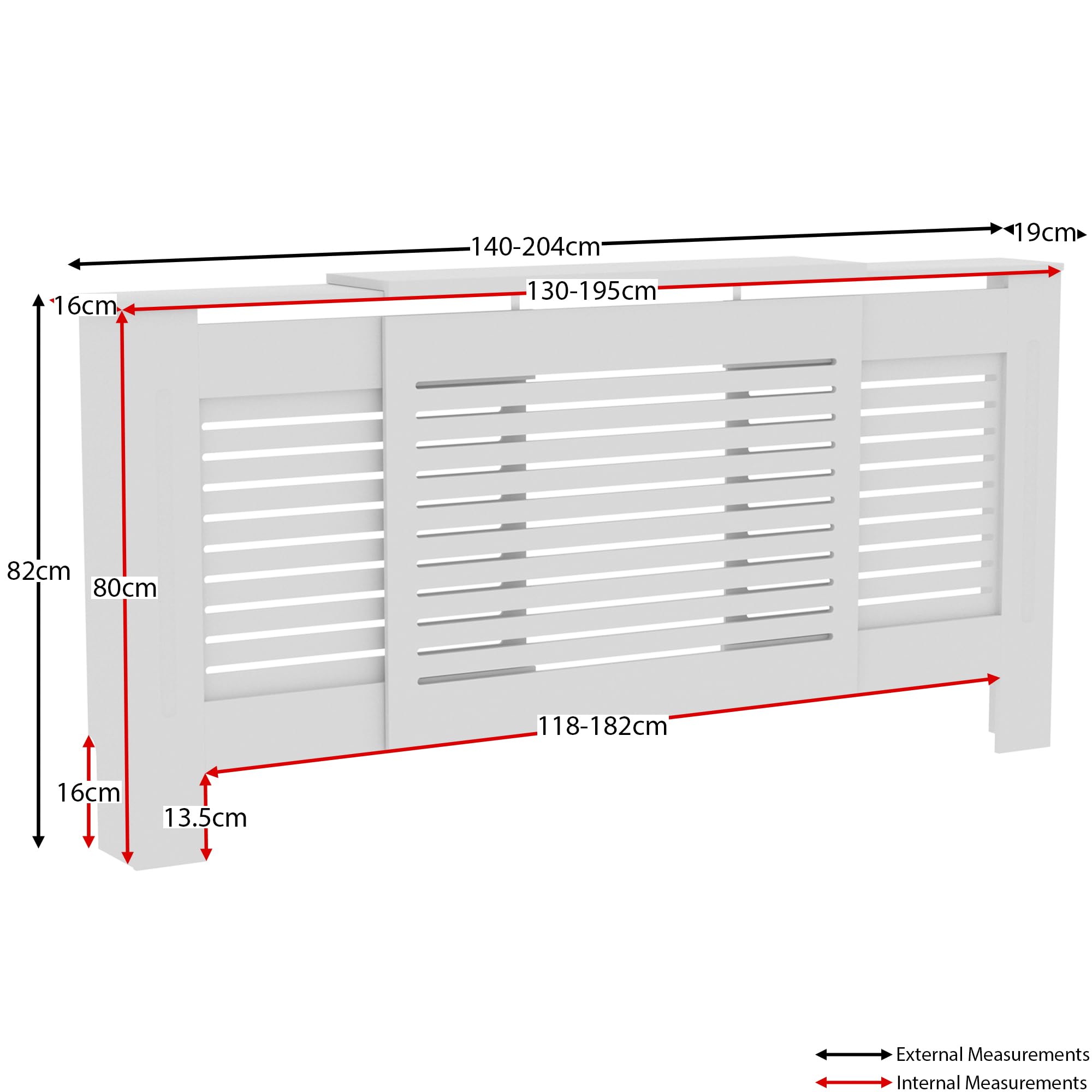 Vida Designs Milton Cubierta de radiador Blanco - Ajustable - Lamas horizontales Modernas para Mejor circulación del Calor - H82xW140-204xD19cm - MDF Pintado para salón y Pasillo