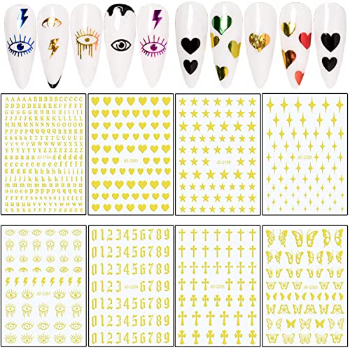 8 Sheets Gold Nail Art Stickers, Butterfly Heart Letters Numbers Stars Cross Eyes Nail Self-Adhesive Sticker Design, 3D Gold Geometry Nail Transfer Decals For Women Girls Manicure Charms Decorations #TOP6