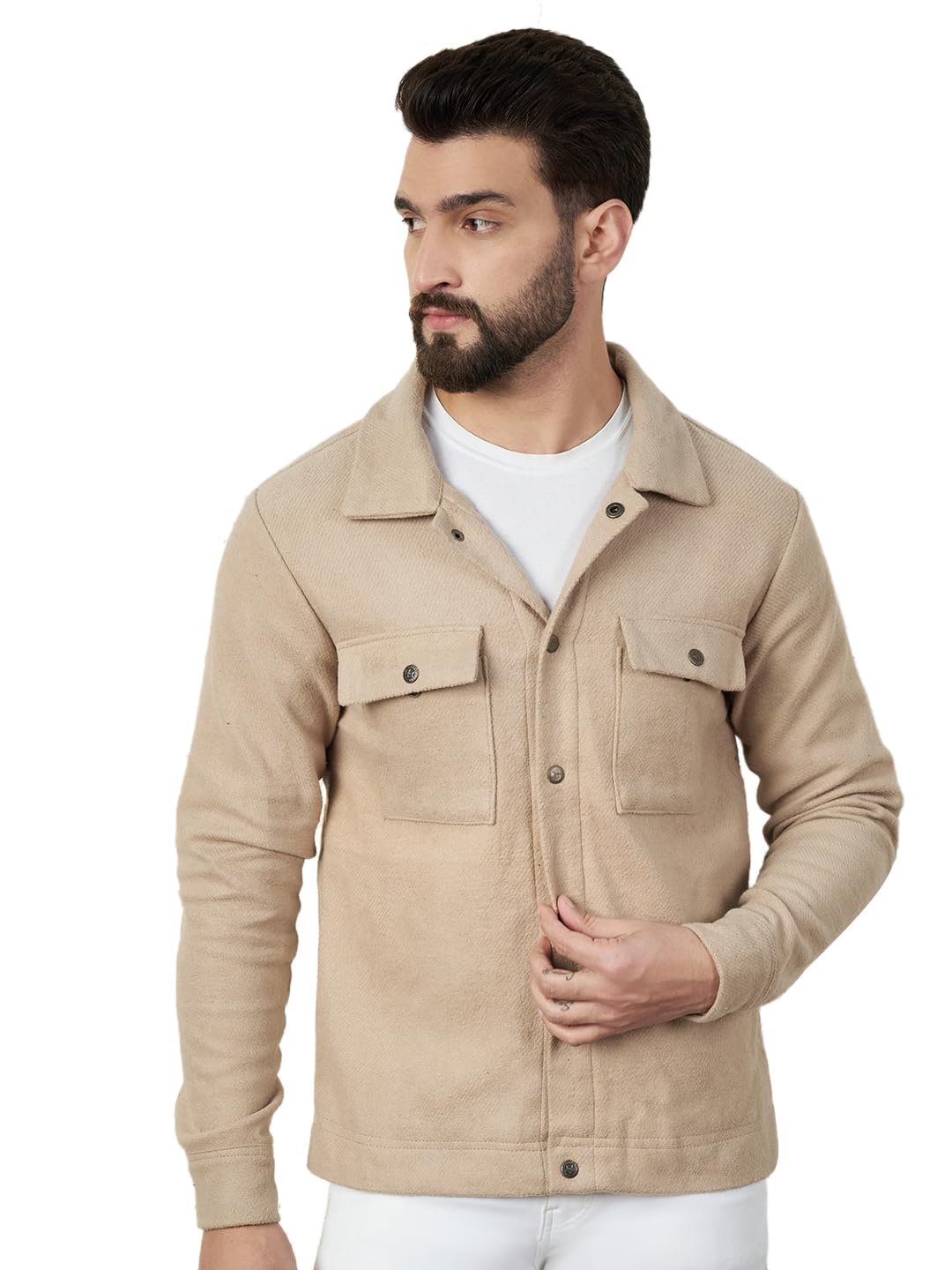 b bigreams - your comfort is our mission BIGREAMS Men's Full Sleeve Solid Shacket | 100% Cotton Twill Flannel Material | Cuffed Sleeves | Winter Jackets | Shackets for Men - Soft, Warm Material, White, Beige, Black-picture-17