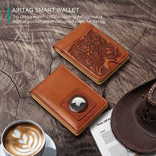Apple Airtag Wallet for Men,Full Grain Leather Wallets for Men,Bifold Wallets for Men,Mens Wallets Leather with 11 Slots,RFID Wallet for Men,Credit Card Wallet Gift for Him (Flower,Brown) - Image 4