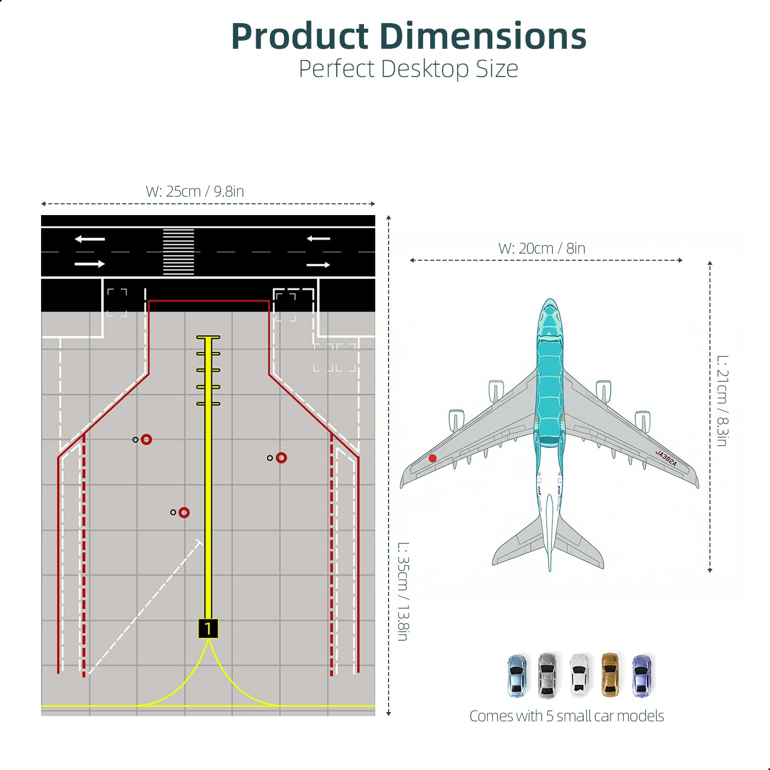Maquette d'avion ANA A380 Green Turtle au 1/300, avec Tapis d'aéroport en Caoutchouc et 5 Voitures. Maquette d'avion en métal,Cadeaux pour Les passionnés d'aviation (Tapis : 25 x 35 cm).