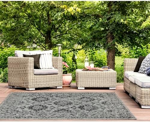 Liora Manne CARMEL Indoor/Outdoor Power Loomed Synthetic Blend Low Profile Area Rug - Traditional Medallion Botanical Floral Decorative (Vintage Floral Black) (6'6" x 9'4")