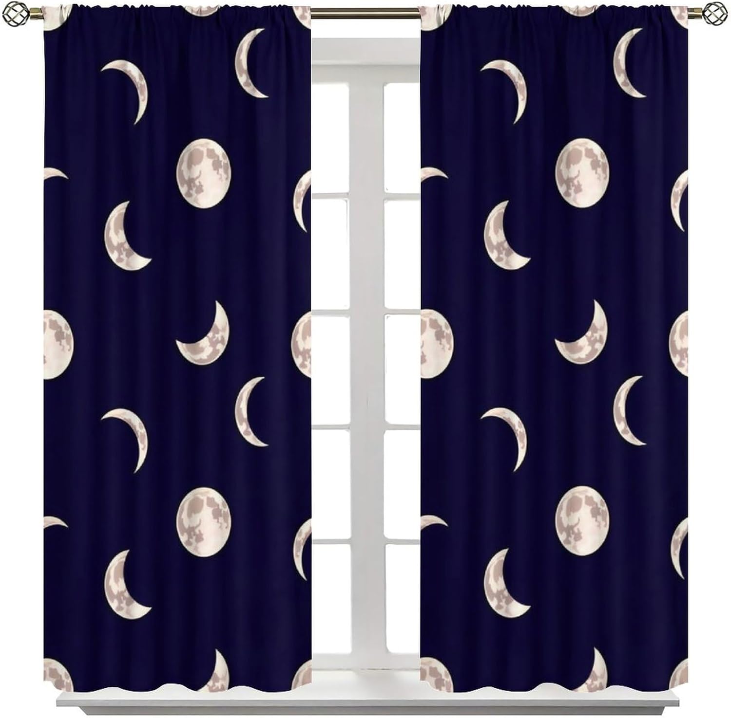 Moon Phase Blackout Curtains, Lunar Cycle Dark Blue Night Sky Vintage Decor Window Treatment, Rod Pocket Darkening Drapes for Bedroom Living Room, 42" W X 45" L