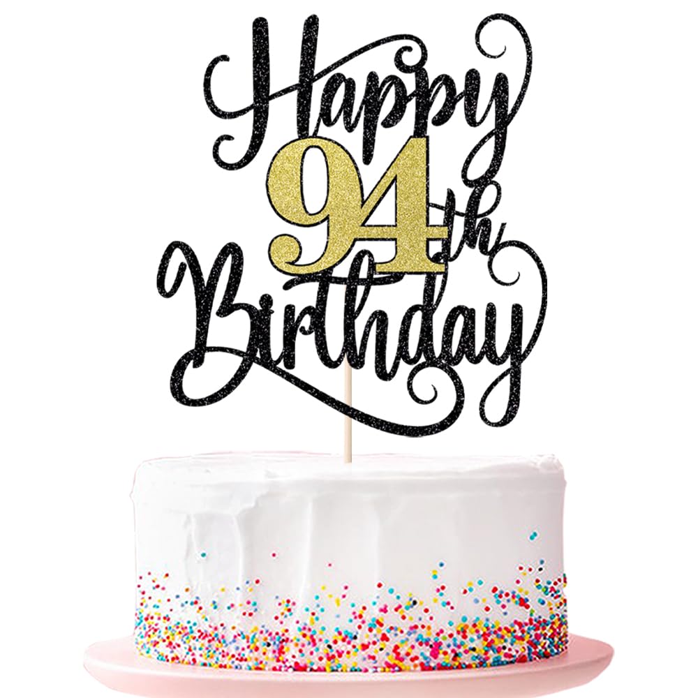 happy 94th birthday cake topperοΌ 94 birthday party cake decorations (Black and gold flashes, 94th)