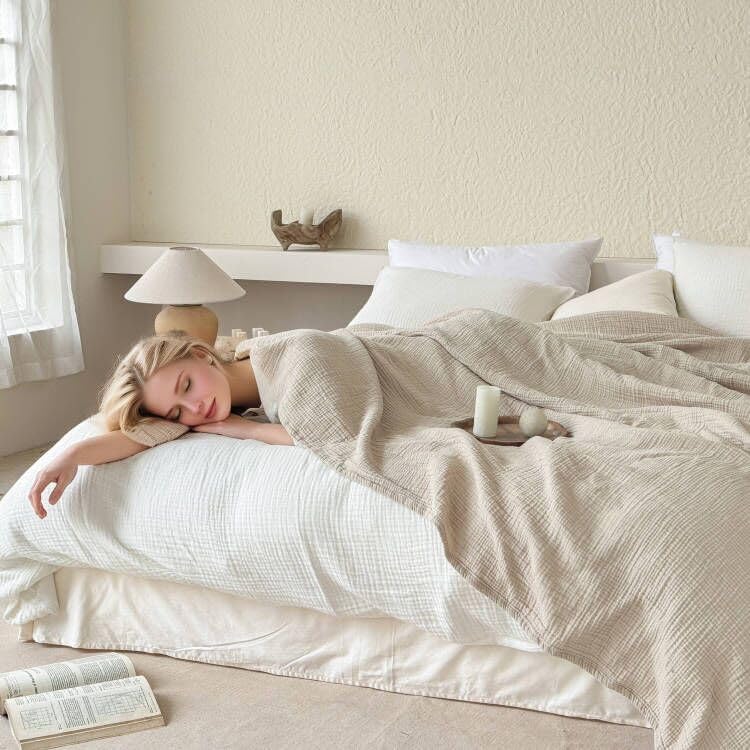 simple&opulence 100% cotton muslin blanket, lightweight breathable 4 layering soft cotton throw blanket,gauze blanket for bed couch camping all-season use (beige, 50"x60") beige throw