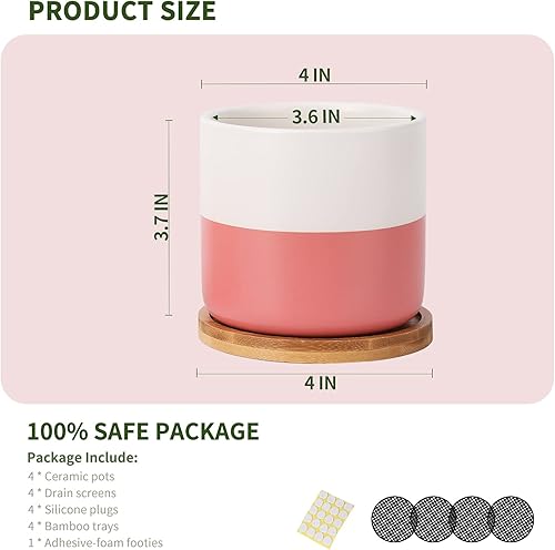 Miniatura 2 de AOMRYOM Macetas de cerámica de 4 pulgadas con agujeros de drenaje y bandejas de bambú, macetas modernas para plantas de interior, suculentas,