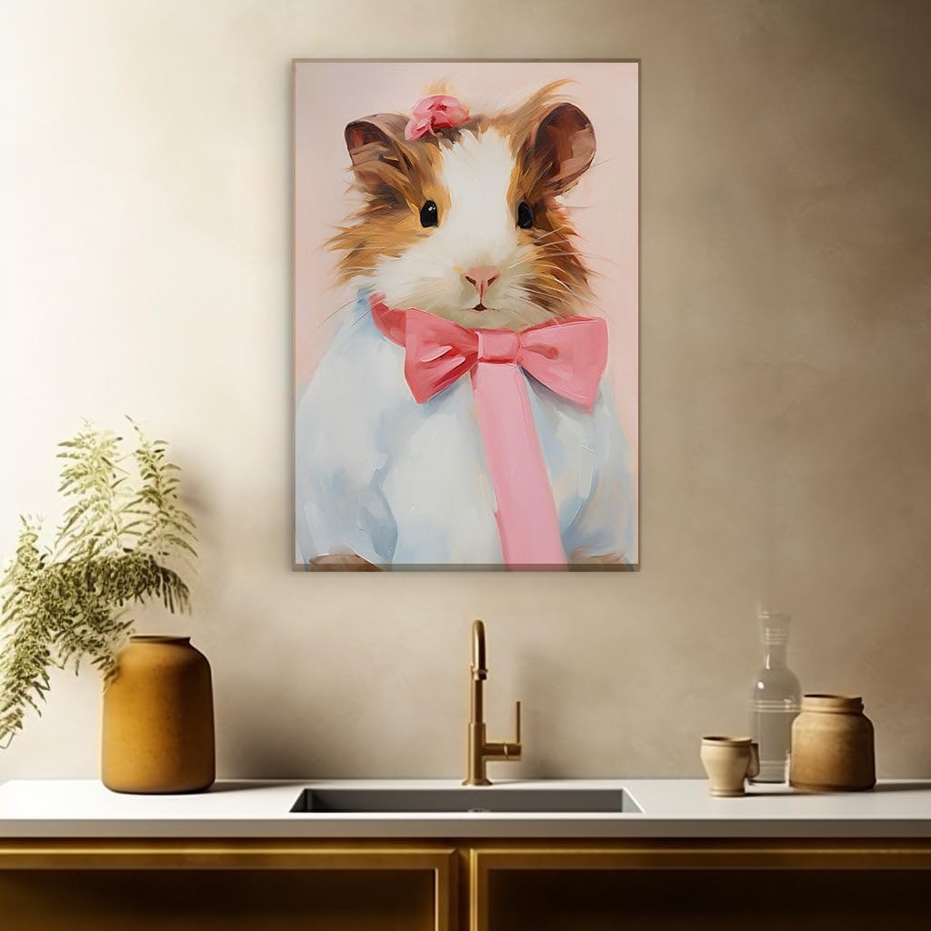 Canvas for Living Room. A Dapper Guinea Pig Portrait: Elegance in Blue and Pink, 27 x 18 inch Canvas Wall Art - Zen Wall Decor