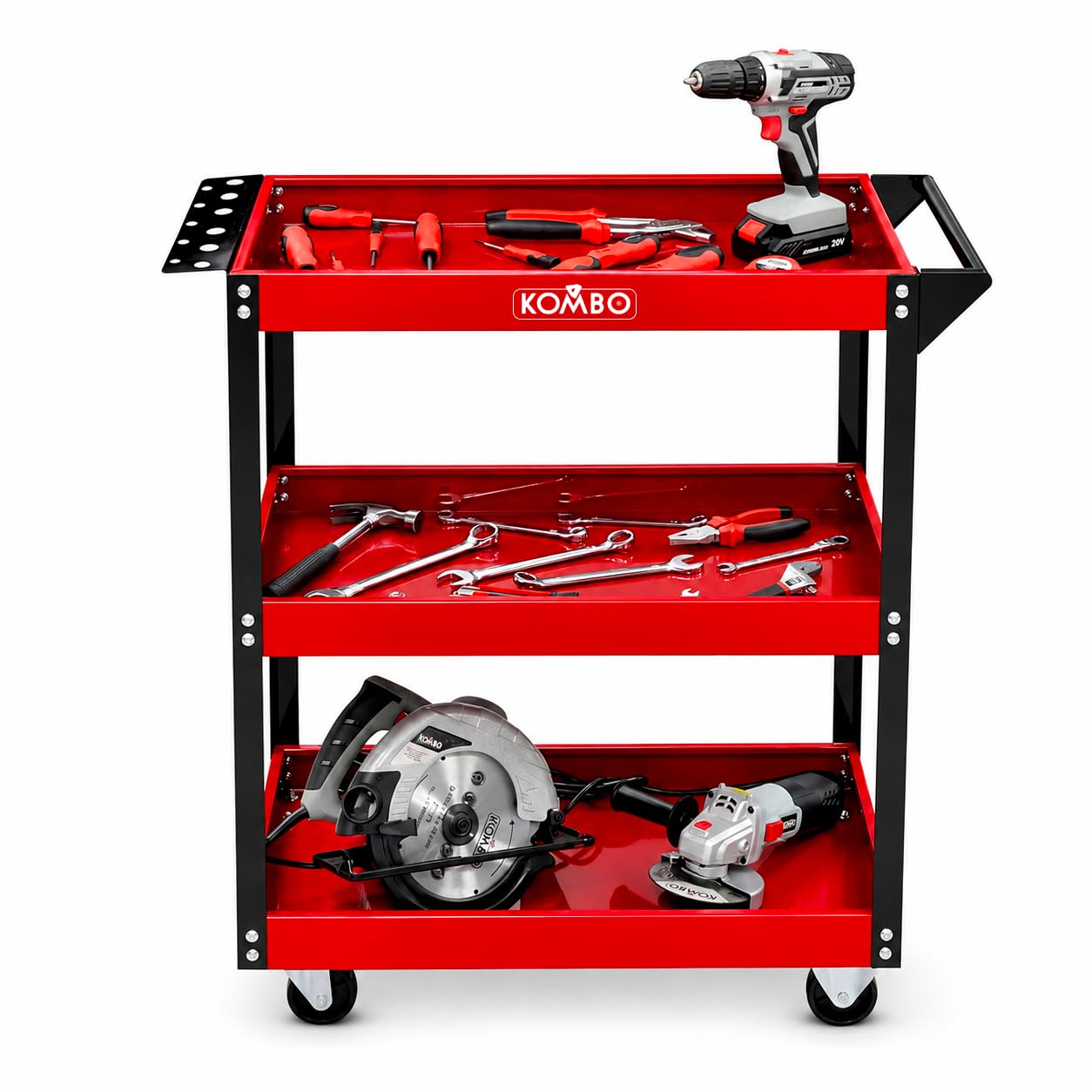 Carrito portaherramientas 3 estantes de Acero 83 x 35 x 76 cm, Multiusos para Oficina, Rojo, Soporte de 75 kg