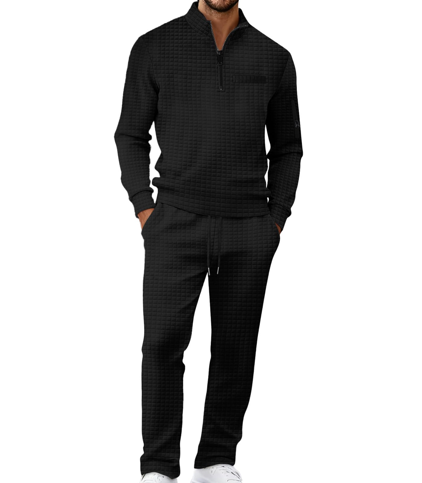 DEEX L Black Men's Tracksuits 2 Piece Set Casual Sweatsuit Quarter Zip Long Sleeve Running Jogging Suit Set Plaid Jacquard Outfits