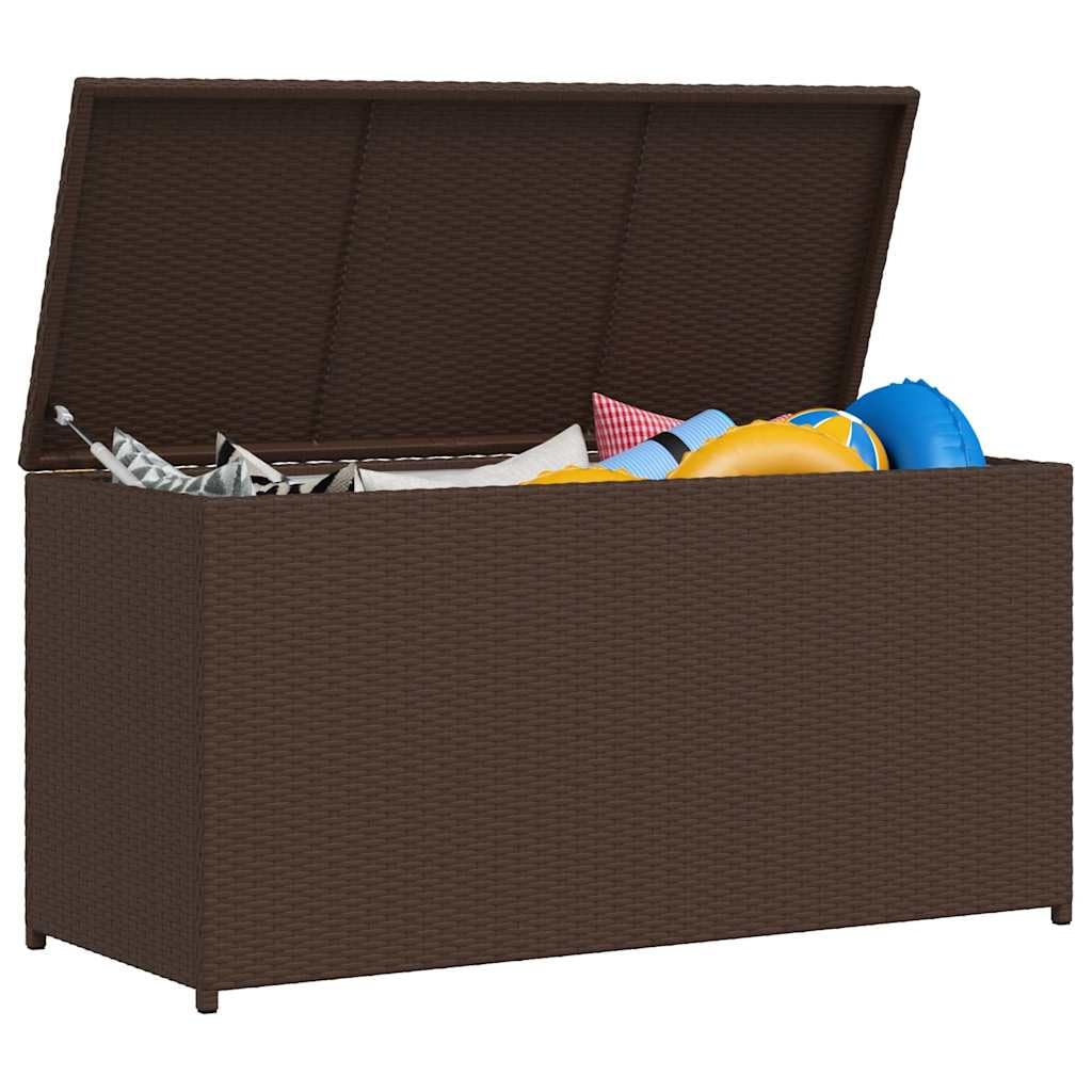 Pudełko na poduszki ogrodowe, brązowe, 120 x 50 x 60 cm, polirattan, z kieszenią wewnętrzną, pudełko na poduszki z polirattanu na poduszki, koce, poduszki i siedzisko, pudełko do