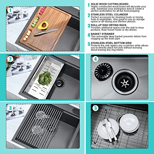 33 Black Drop In Double Bowl Kitchen Sink-Ianomla 33X22 Double Bowl Topmount Kitchen Sink Workstation 16 Gauge 60/40 Low Divide Double Bowl Matte Black Stainless Steel Kitchen Sink #TOP7