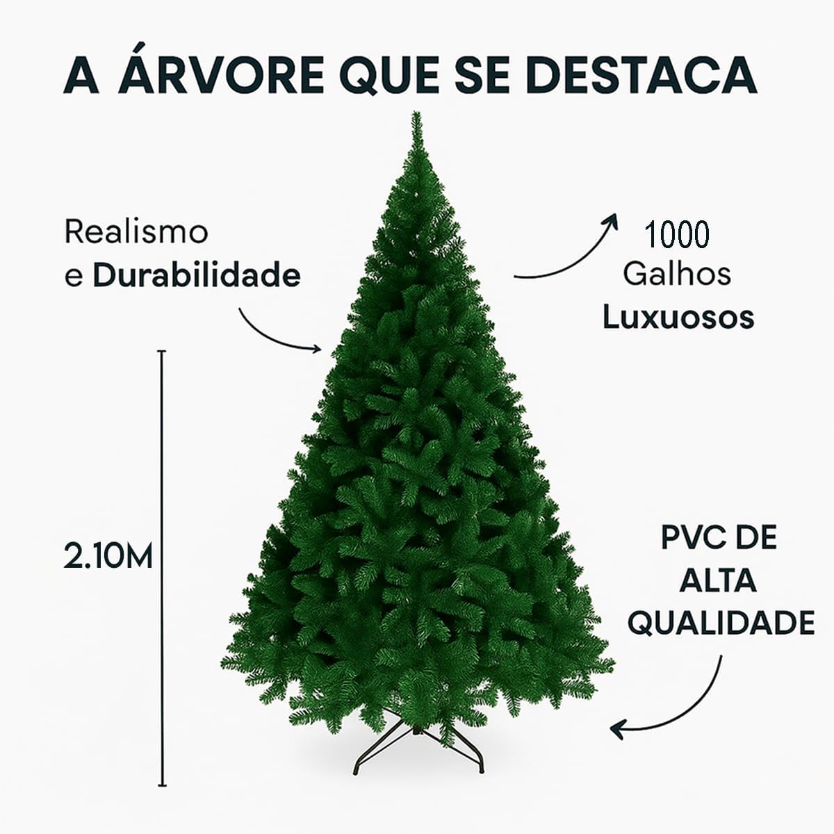 Árvore de Natal Super 2,10m Pinheiro Luxo 1000 Galhos, Cheia, Realista e com Base de Ferro Reforçada Decoração Natalina Árvore de Natal Super 2,10m Pinheiro Luxo 1000 Galhos, Cheia, Realista e com Base de Ferro Reforçada Decoração Natalina