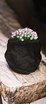 Rock Shaped Planter Stone Look Flowerpot for Indoor & Outdoor Plants | Unique Succulent Pot or Herb Planter | Modern Garden Decor, Boho, Natural Aesthetic Black, Larger 6" x 7" x 7"