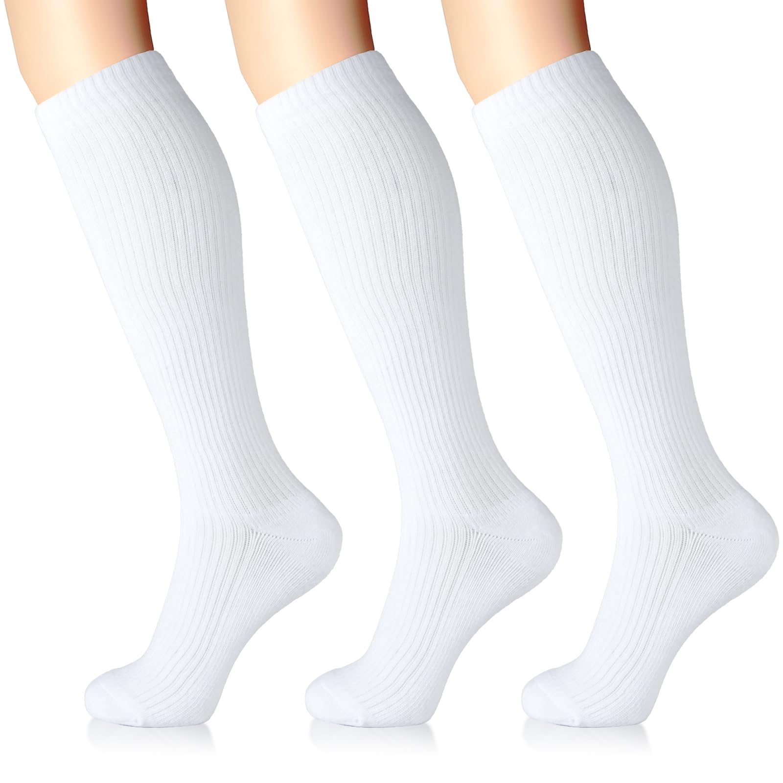 LIN PERFORMANCE Compression Socks for Women and Men 3 Pairs 15-20 mmHg Cotton Knee High Support Socks for Travel Nurses Running Pregnant (White,10-13)