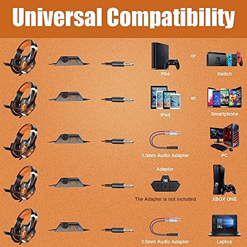 Bengoo G9000 Stereo Gaming Headset For Ps4, Pc, Xbox One Controller, Noise Cancelling Over Ear Headphones With Mic, Led Light, Bass Surround, Soft Memory Earmuffs (Orange) #TOP5
