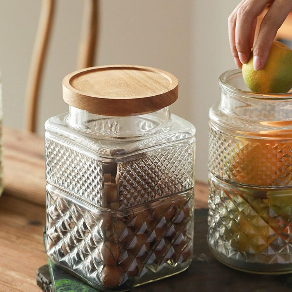 Confezione da 2 barattoli grandi in vetro vintage goffrato, contenitori per alimenti e cereali, con coperchio ermetico in bambù per caramelle, snack, caffè, tè e cereali