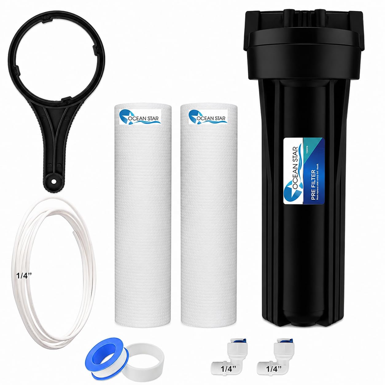 Ocean Star 10 Inch Pre Filter Housing Kit with 2 PP Spun Filter Cartridges, 1/4" Pipe 5 Mtr, Wrench & Fittings for RO Water Purifier-image-40