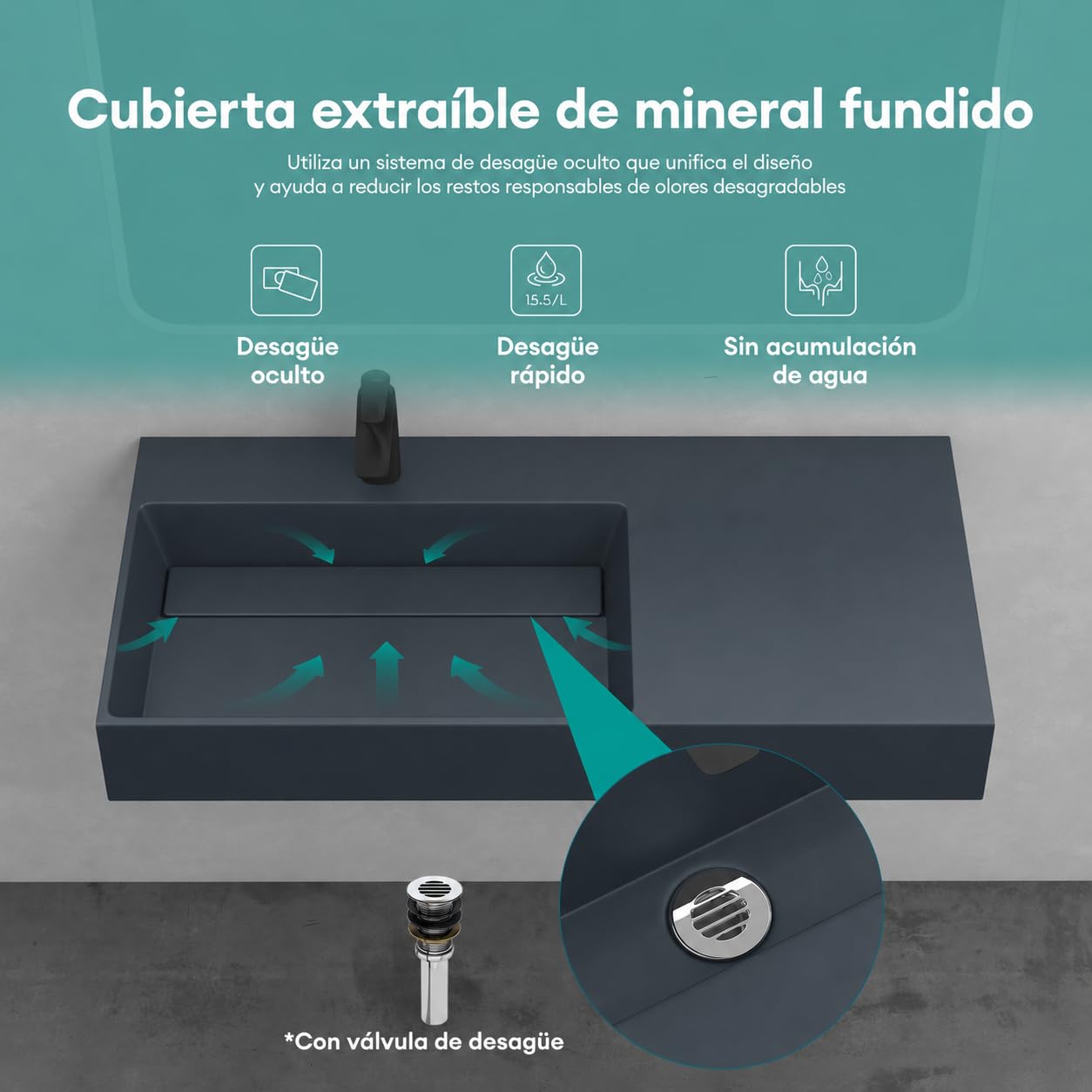 Mai & Mai Lavabo Izquierdo sobre Encimera 100cm Antracita Col12 | Lavabo Suspendido Mármol Fundido, con Orificio para Grifo y Válvula Desagüe, Conexión Estándar DIN, Tapa de Desagüe Oculta