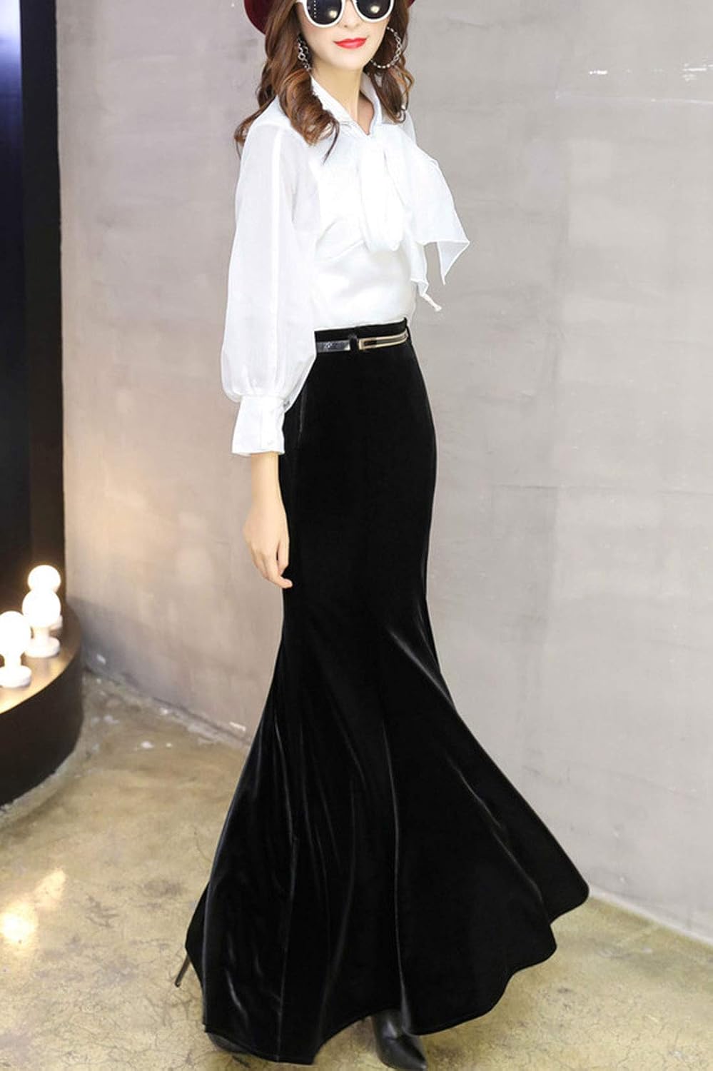 ebossy Women's High Waist Bodycon Velvet Fishtail Mermaid Maxi Skirt Evening Party - Image 4