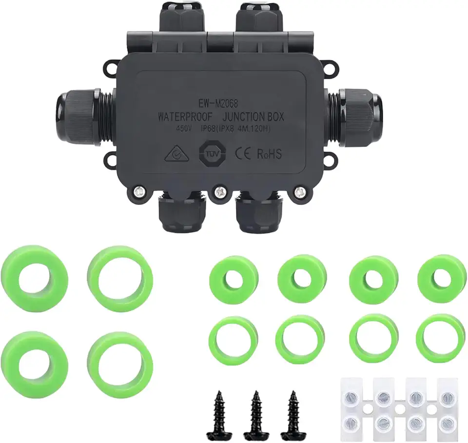Caixa de Junção Externa À Prova D'Água, Ip68, 6 Vias, Preta, Em Nylon Pa66, Inclui 4 Conjuntos de Tampões de Borracha À Prova D'Água.