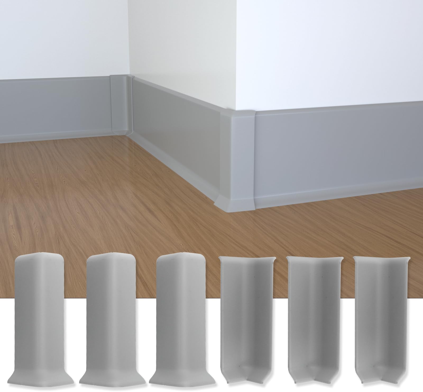 COUKIUSelf Adhesive Baseboard Corner Blocks, 6inch(Width)3 Inside + 3 Outside Corners-Connector Between The Wall Base Cove Base Rubber Moulding Trim, Perfect Match for Our S152 Baseboard(Gray)