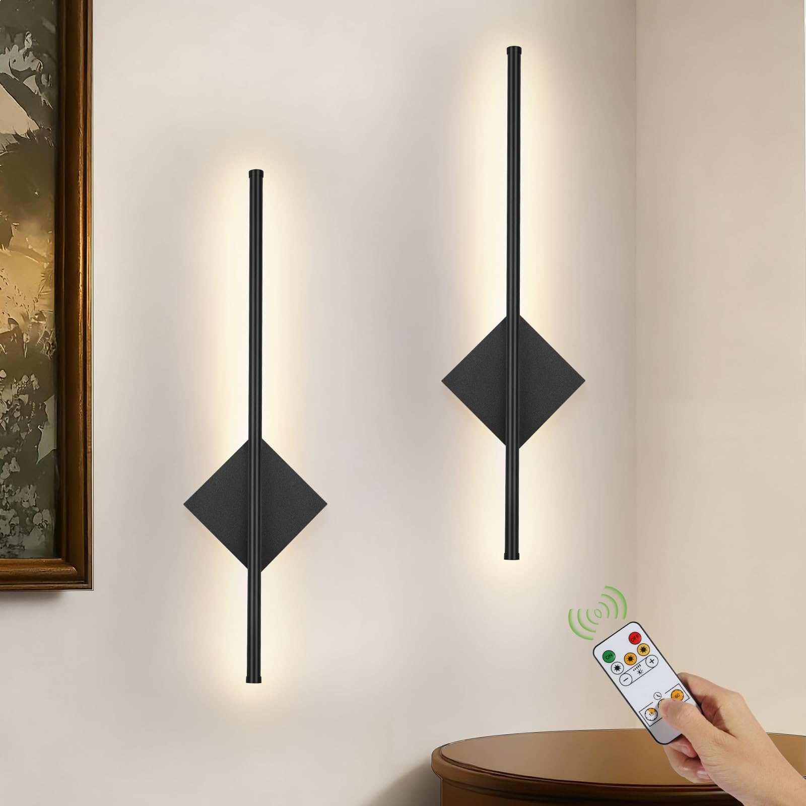Kimjo Square 6600Mah Battery Operated Wall Lights Set Of 2, Dimmable Wall Sconce, Wireless Wall Lamp With Timer Function, Rechargeable Wall Mounted Light With Remote Control For Living Room, Bedroom
