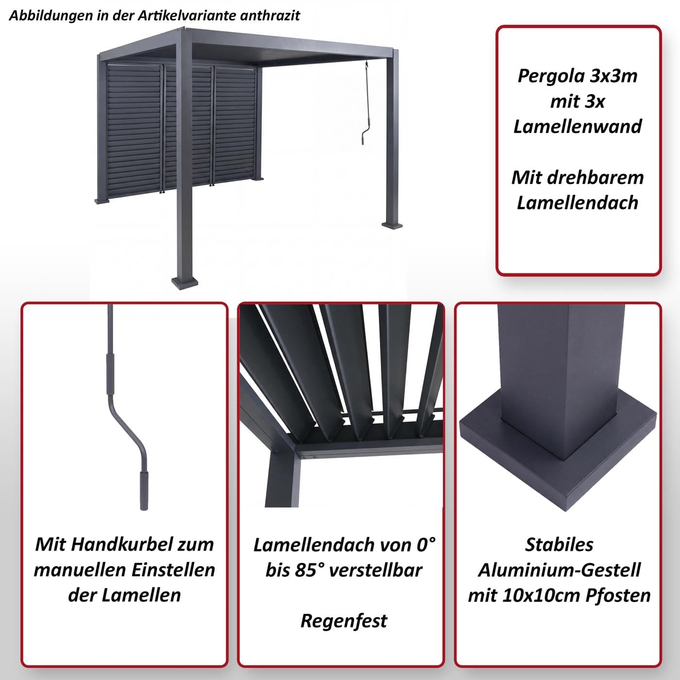 Mendler Pergola HWC-P65 mit 3X Lamellenwand Alu-Gestell 3x3m - weiß