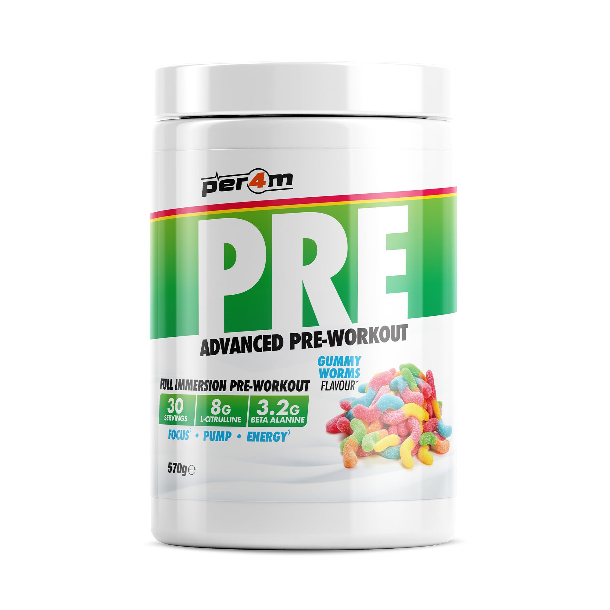 Per4m Pre Workout Powder | Intense Pump, Sustained Energy & Mental Focus | L-Citrulline, Beta Alanine & Caffeine & Added Hydration (570g, Gummy Worms)