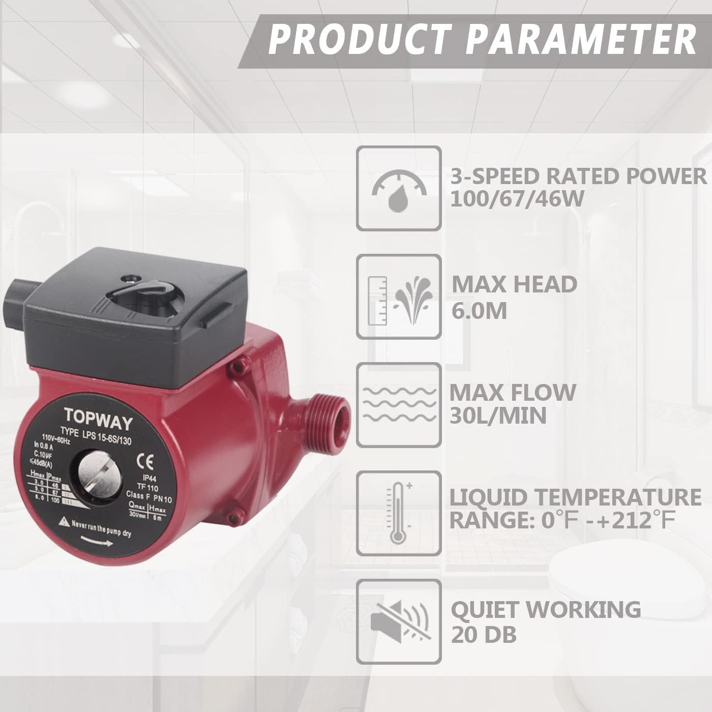 Product parameter diagram showing 3-speed rated power, max head, max flow, liquid temperature range, and quiet working noise level.