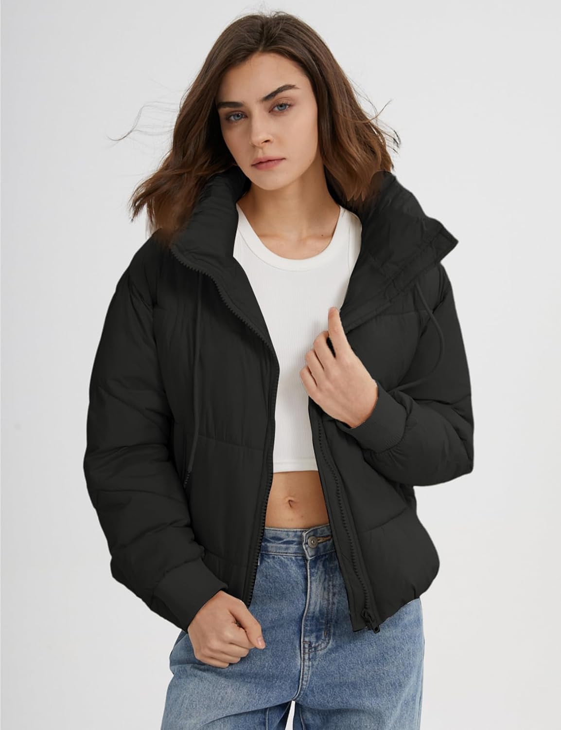 Gihuo Women's Crop Hooded Puffer Jacket Zip Up Winter Quilted Warm Short Jacket Outerwear - Image 2