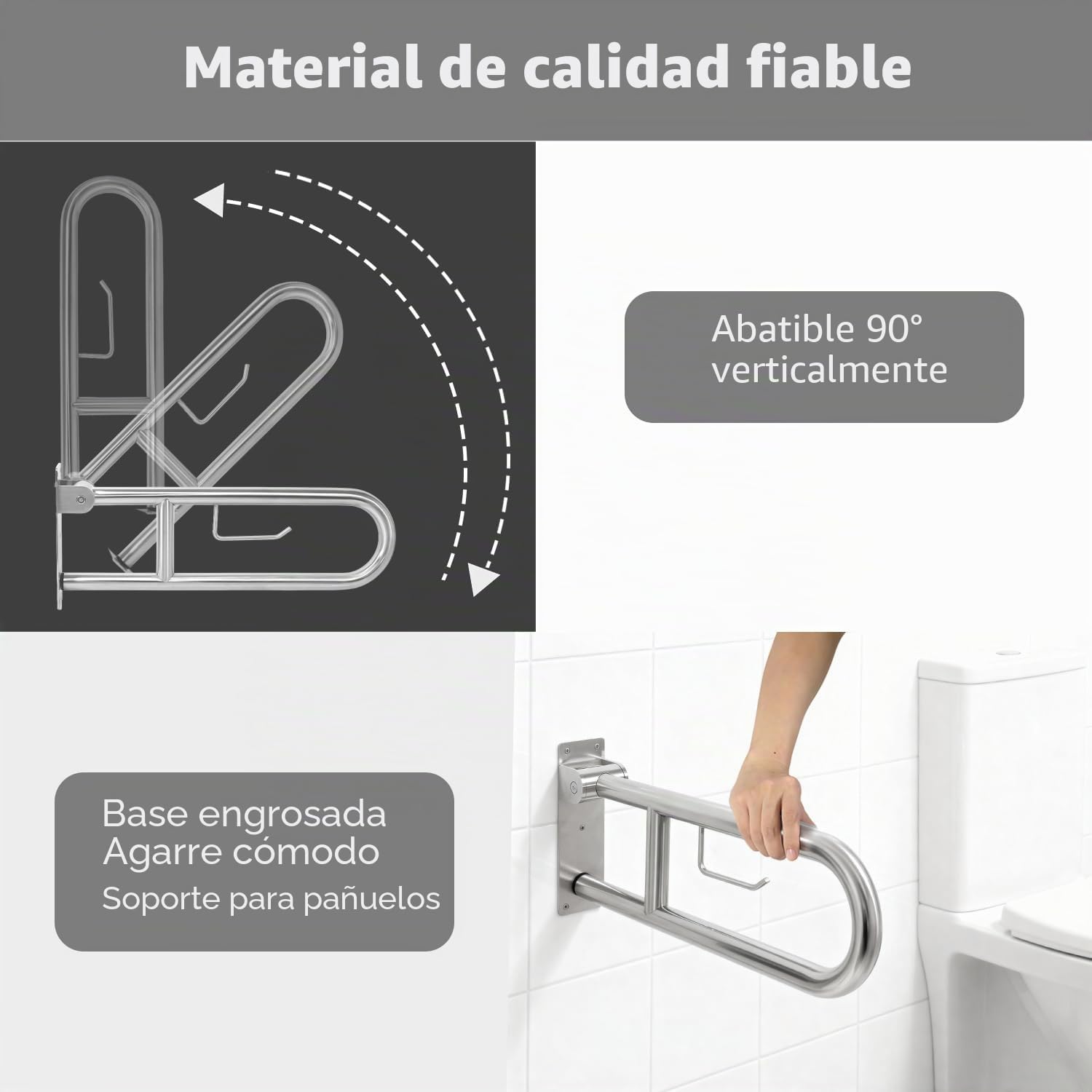 Barra Baño Minusválido 60cm con Portarrollos, Agarrador Ducha | Asidero Baño Personas Mayores, Acero Inoxidable, Soporta Hasta 350kg para Ducha y WC