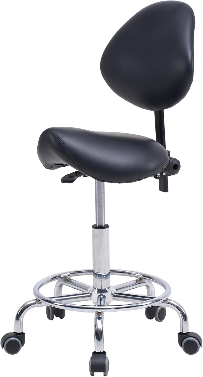 Saddle Stool Chair with Backrest Hydraulic Ergonomic Salon Medical，Black | Ergonomic curved seat, 360° swivel & smooth rolling wheels. Adjustable height & tilt, 300 lbs capacity. for dental & clinic