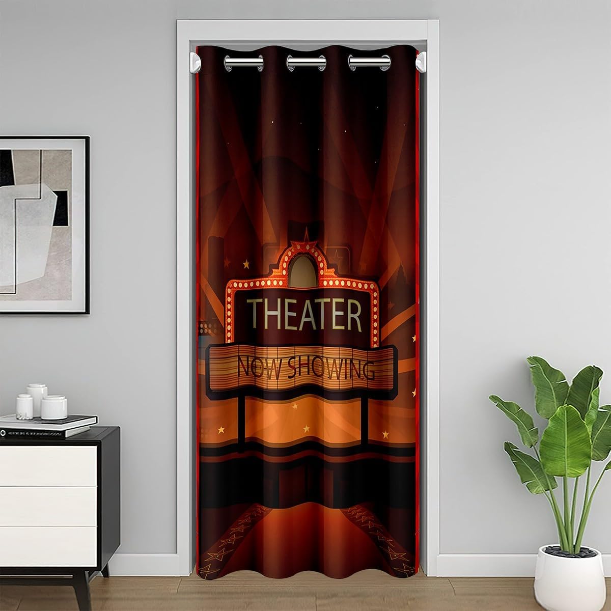 Movie Theater Door Curtain for Doorway Privacy Cinema Poster Design Room Divider Curtain Cover 52"x80" Theater Pattern 30%-50% Room Darkening Insulated Thermal Curtain Window Treatments Red Black