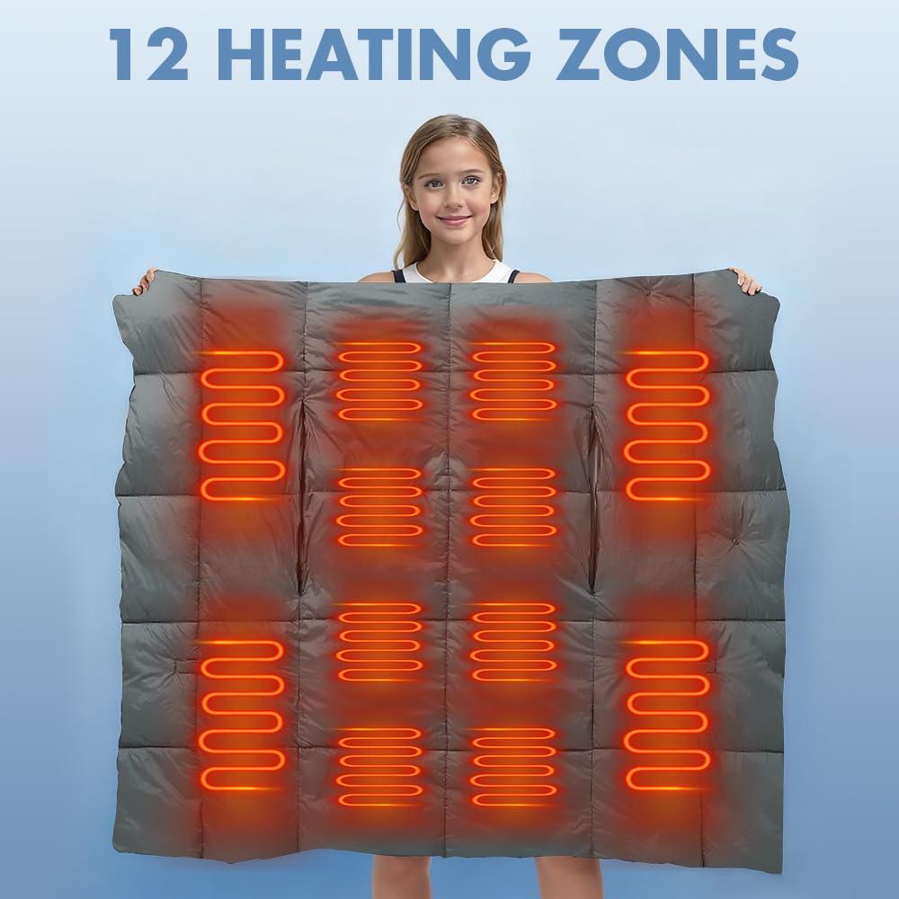 Coperta elettrica con batteria senza fili, 140 x 112 cm, batteria da 10000 mAh, coperta termica USB con 12 zone di riscaldamento e 3 livelli di regolazione della temperatura, lavabile, per casa