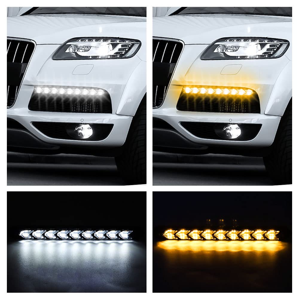Biqing 2PCS 12V LED Feux de Jour, 9 Fèches LED Clignotant Clignotant Bicolore Ambre Blanc Voiture Bande Lumières Phare DRL