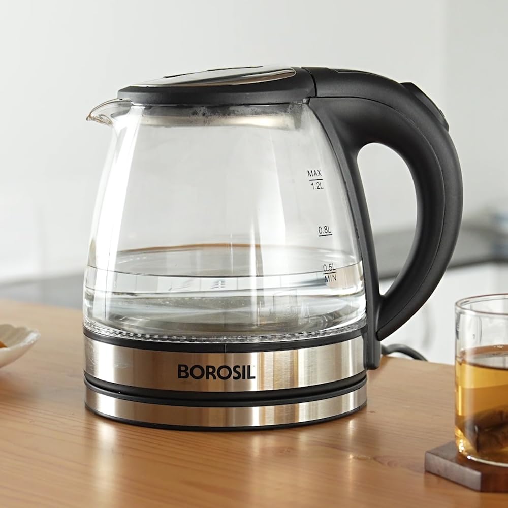 Borosil Crystal 1.2L Electric Glass Kettle | Made in India Borosilicate Glass Body with Blue Backlight | Auto Cut-Off, 360° Base, Spout Filter | Fast Boil | Cord Winder | 1-Year Warranty