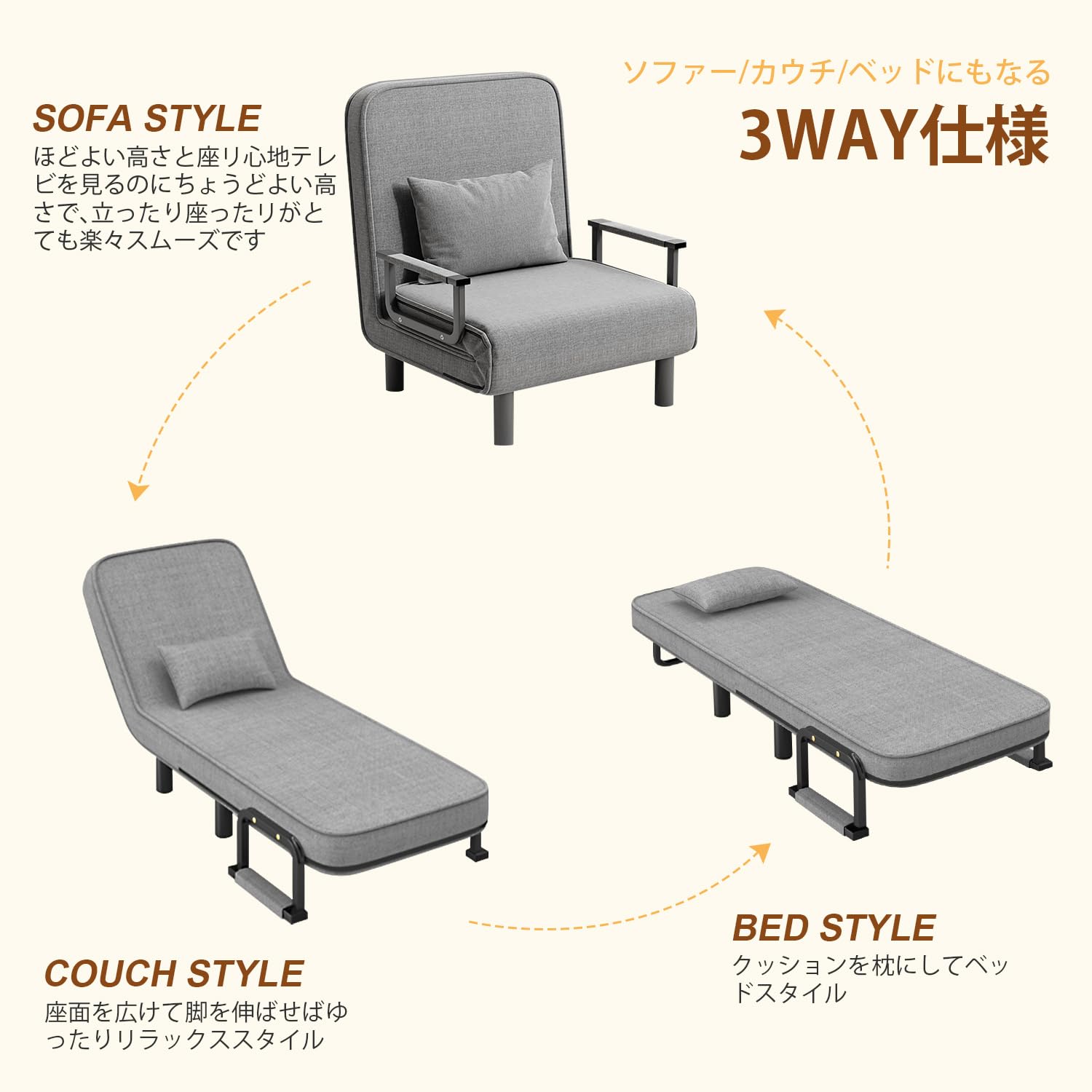 ソファーベッド 折りたたみ 3WAY 1人掛け 幅65cm クッション付