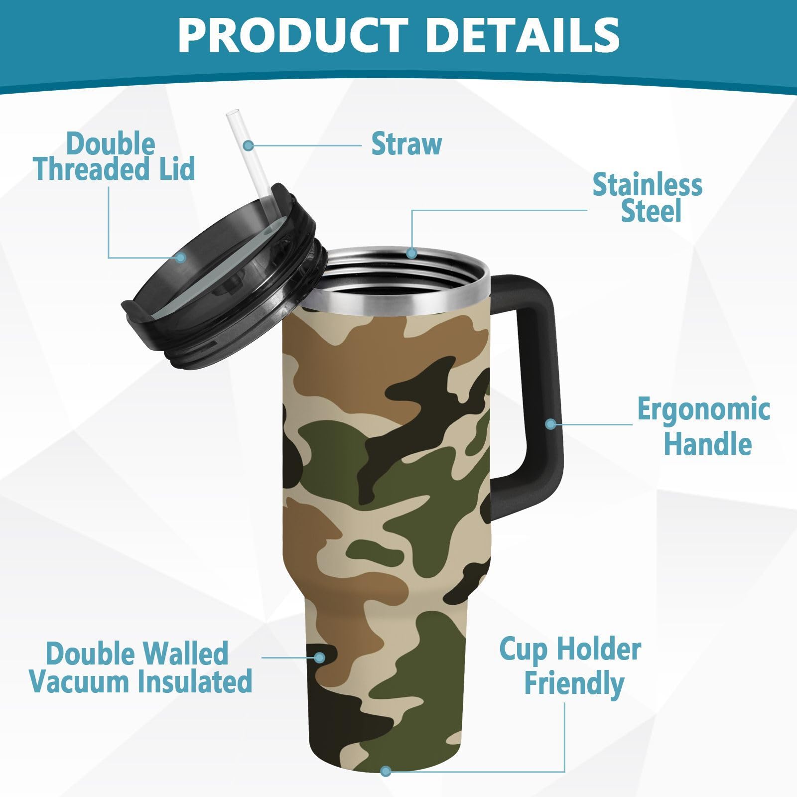 Isolierter Trinkbecher, doppelwandig, Edelstahl, Thermobecher, Reisebecher mit Griff, Strohhalm-Deckel, Camouflage, Grün