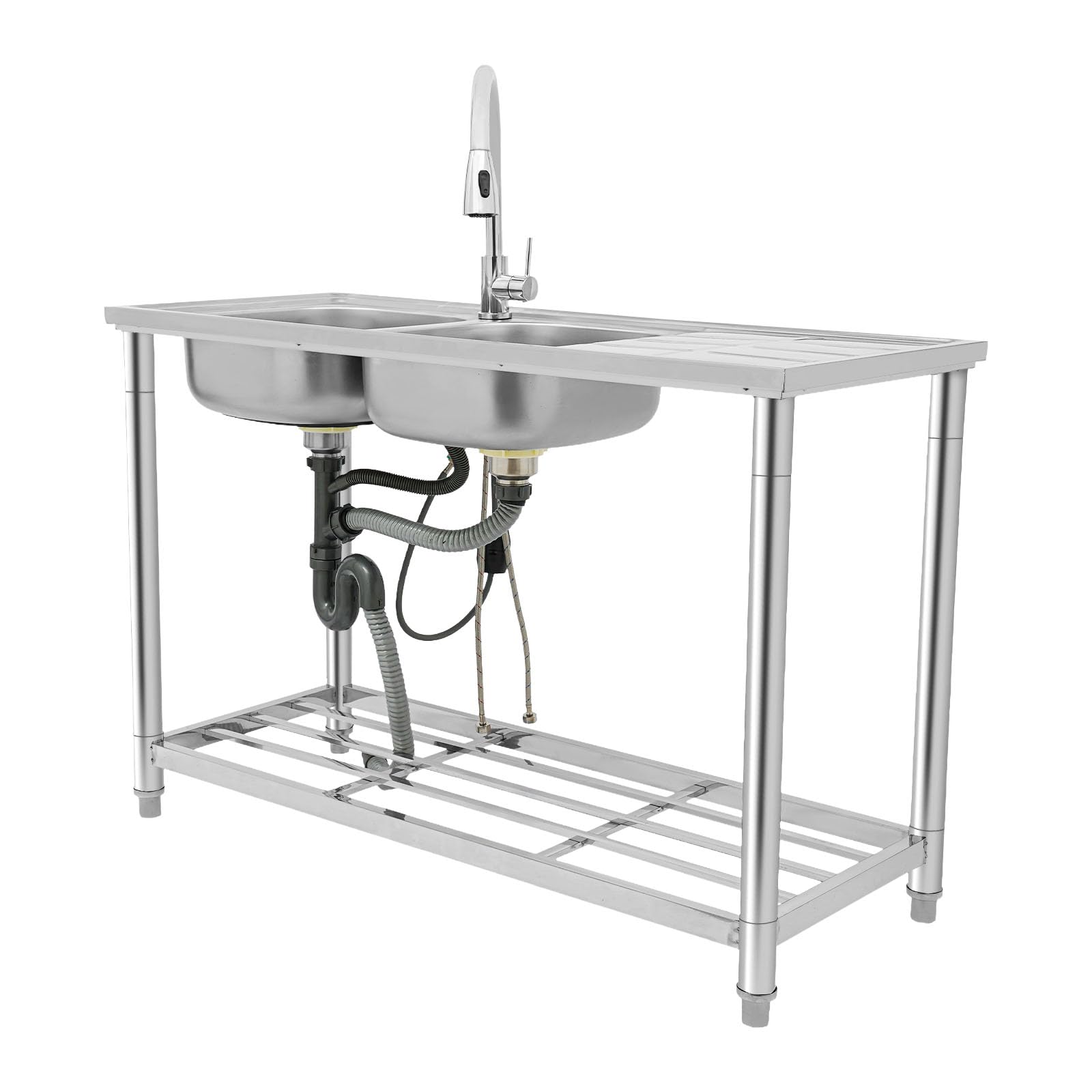 Fregadero de cocina independiente, 120 x 50 x 80 cm, de 2 cámaras, de acero inoxidable, con grifo extensible de 360 ° y lado de estante, patas ajustables para cocina, restaurante, garaje, plateado