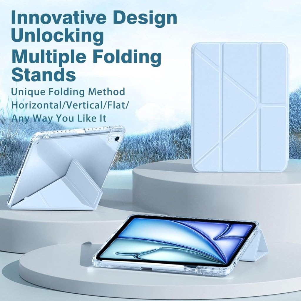 UnDePlus iPad Air 11inç M4/M3/M2 Air 4/5.Nesil 10.9 ile uyumlu Kılıf Mika Trifolding Şeffaf Kalem Bölmeli