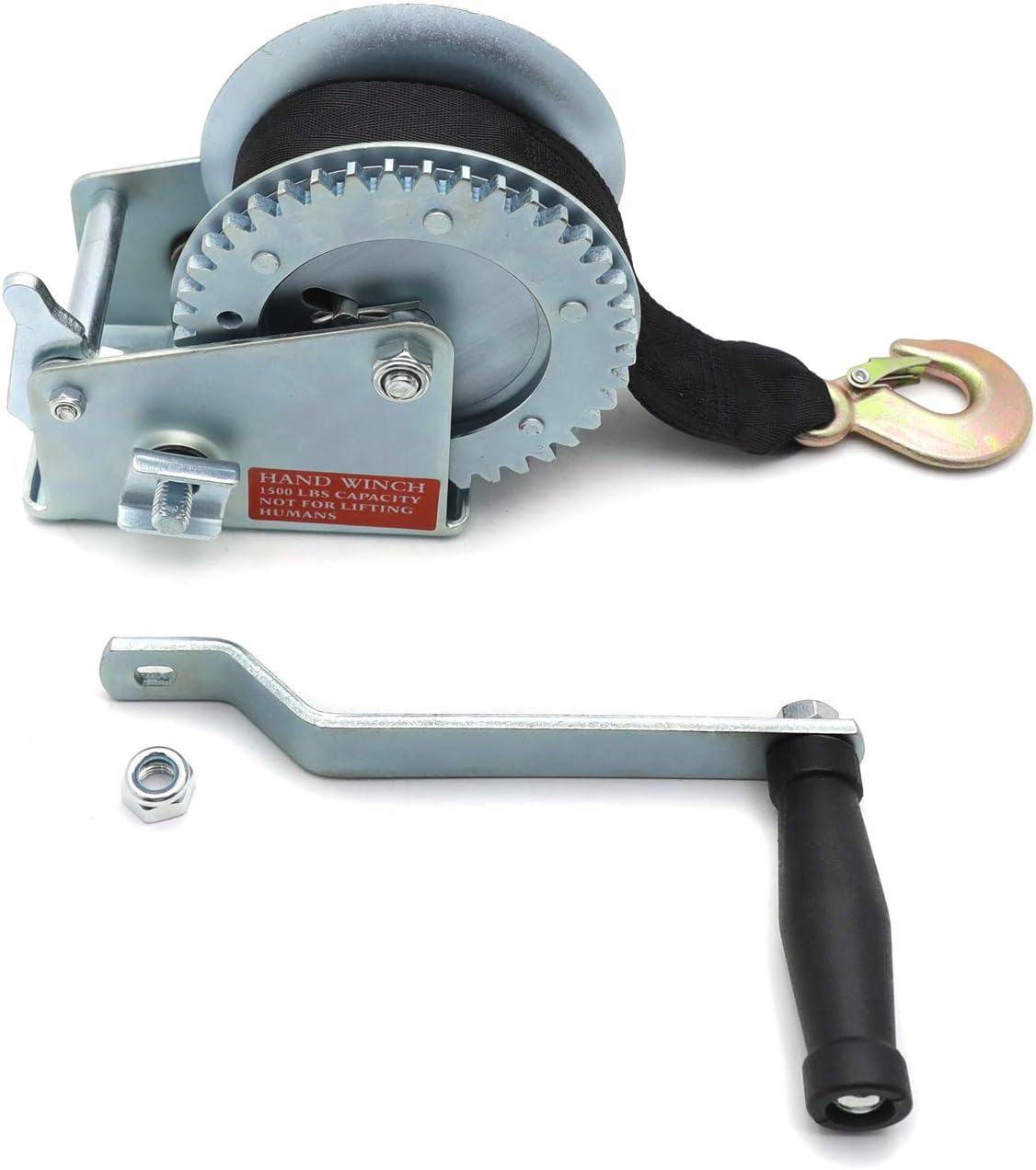 HTTMT- 1,500 lb Manual Trailer Winch with Hook and 20' Strap Hand Crank Boat Pull Tow [P/N: ET-TOOL031-SR]