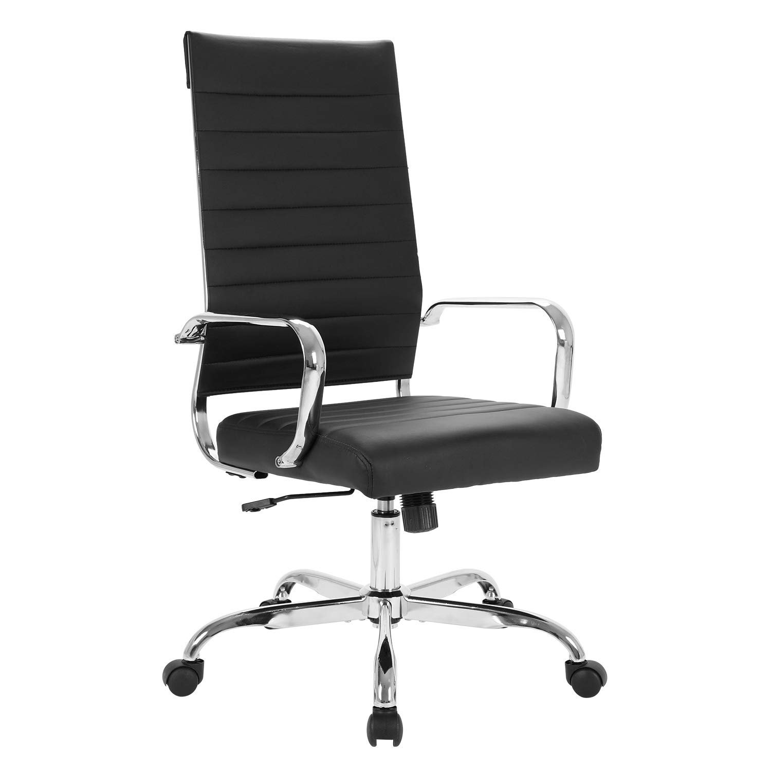 Silla de oficina para el hogar, de piel acanalada, con respaldo alto, giratoria, con ruedas y apoyabrazos, acolchado suave, altura ajustable, moderna, para conferencias, color negro 2