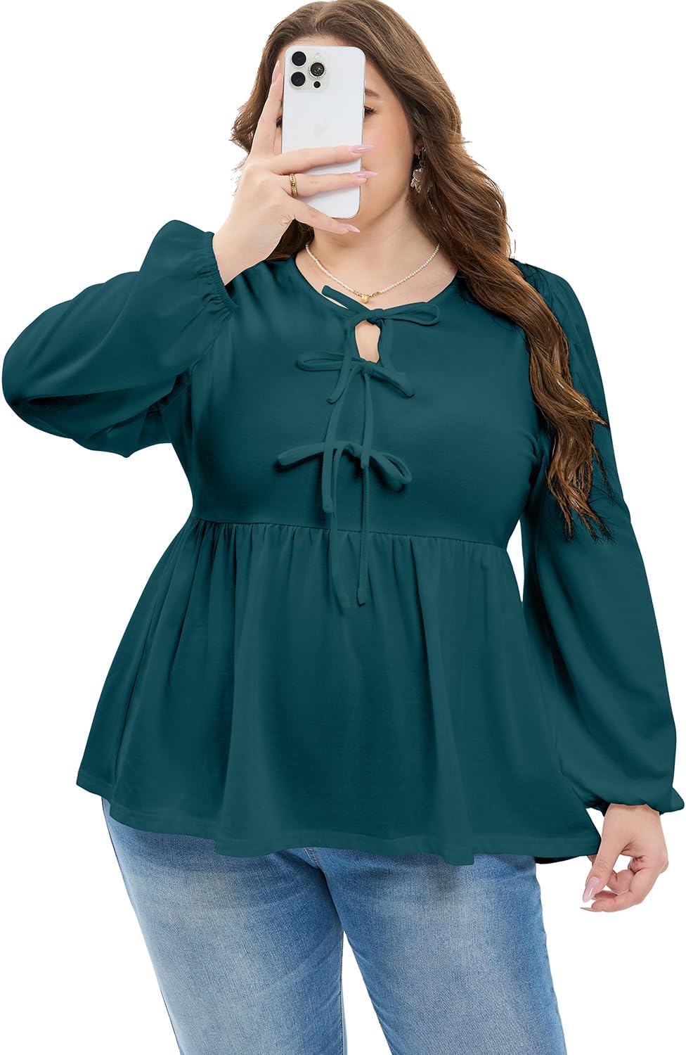 AlvaQ Womens Plus Size Tops Fall Fashion Bow Tie Front Puff Sleeve Crewneck Babydoll Peplum Blouses Shirt L-4XL - Image 7