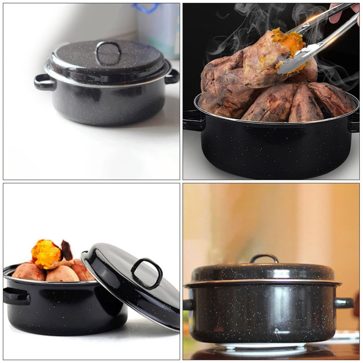Sartén de Patatas y Castañas Asador Redondo Tapa, Hierro Esmaltado, Negro, Superficie Lisa, Fácil de Limpiar, para Patatas y Alimentos, Cocina Doméstica