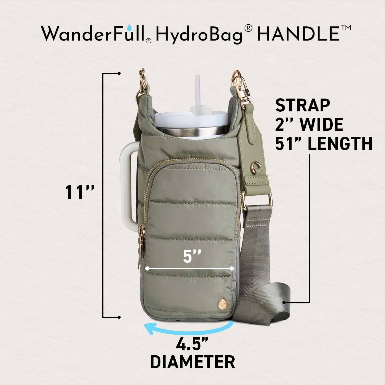 WanderFull HydroBag, maniglia con cerniera per manico, porta bottiglia d'acqua da 1,18 l, con tracolla, borsa a tracolla con tasca per telefono, accessori per bicchieri, verde salvia con cinturino in