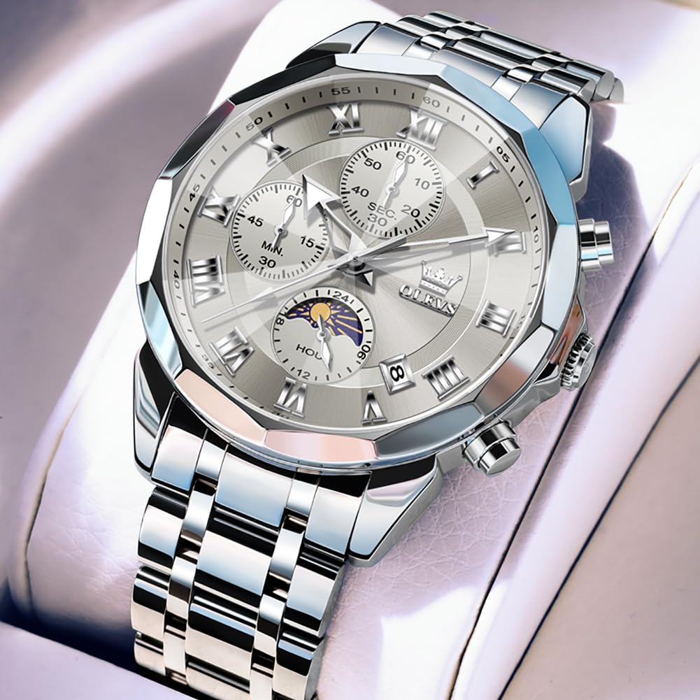 OLEVS Men Watch Quartz Luxury Business Watches Multifunction Chronograph Moon Phase Waterproof Luminous Grey Face Silver Stainless Steel Wrist Watches