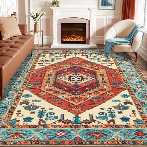 SERISSA Boho Area Rug 8x10 Orange, Washable Large Rugs for Living Room, Ultra Soft Non-Slip Bedroom Rug Print Distressed Vintage Tribal Farmhouse Carpet Rug for Dining Room Dorm Office Home Decor